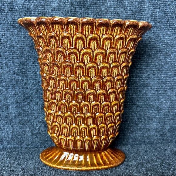 Vintage 1940s Red Wing Pottery footed vase 1157 textured scales brown gold boho - Picture 4 of 10